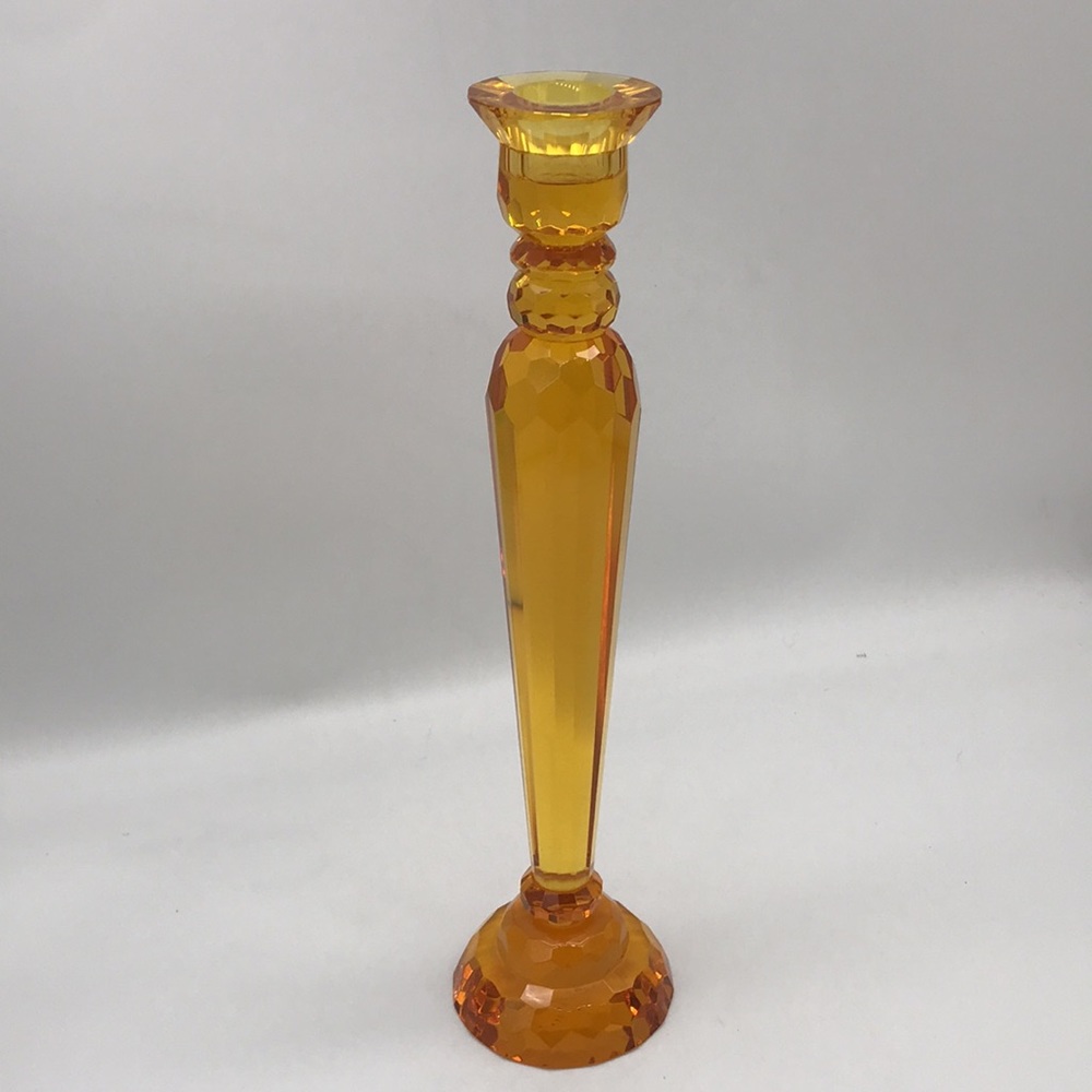 Sorelle Crystal Deep Amber Yellow Dining Candle Stick Holder—Size 11”x 2.75”Base - Picture 3 of 6